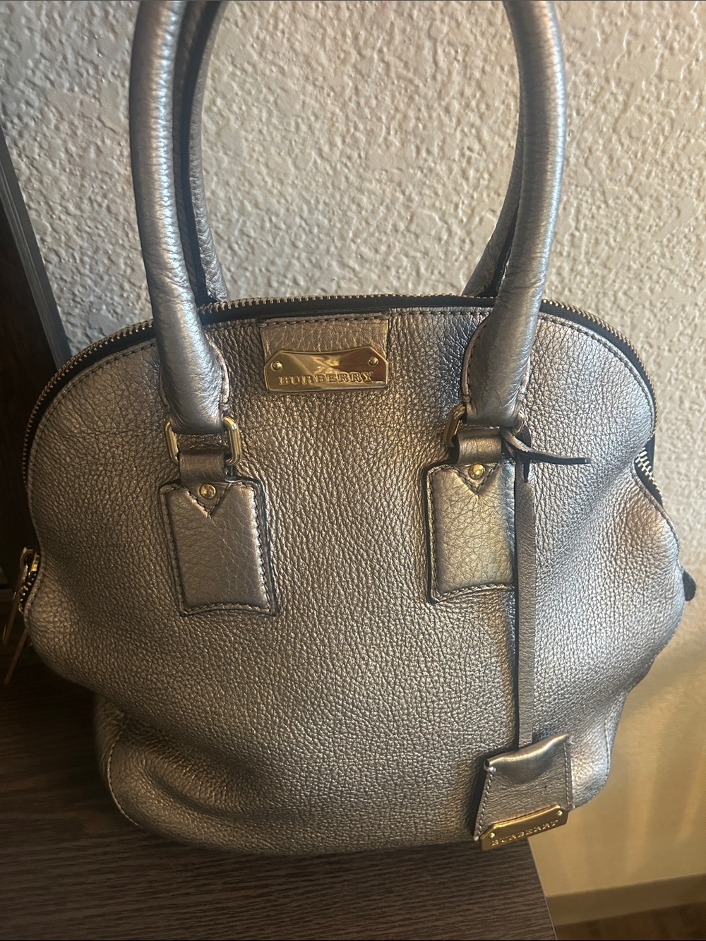 Burberry Metallic Silver Dome Satchel